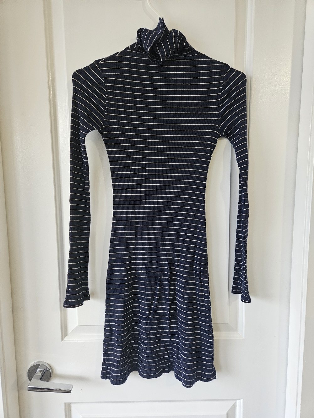 Reformation Navy and White Striped Long-Sleeve Turtleneck Dress Size Extra Small - Picture 2 of 8